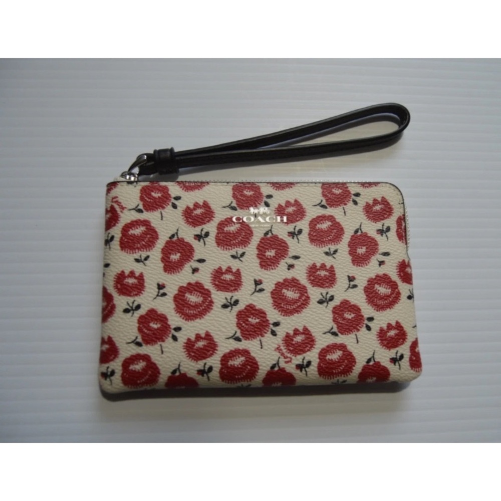 Coach Red Floral Print Corner Zip Wristlet Coated Canvas
